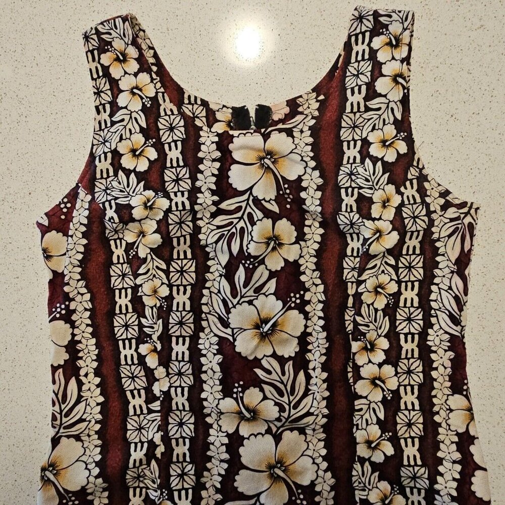 Hawaiian Flavor Tapa Cloth Print Dress M Brown Handmade Sleeveless Cotton Floral - Picture 4 of 16
